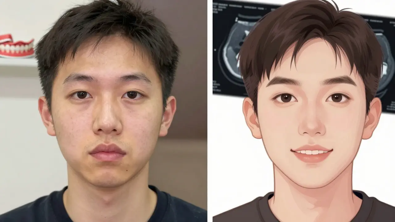 Před a po operaci: asymetrický obličej se změnil na vyváženou a přirozenou strukturu.