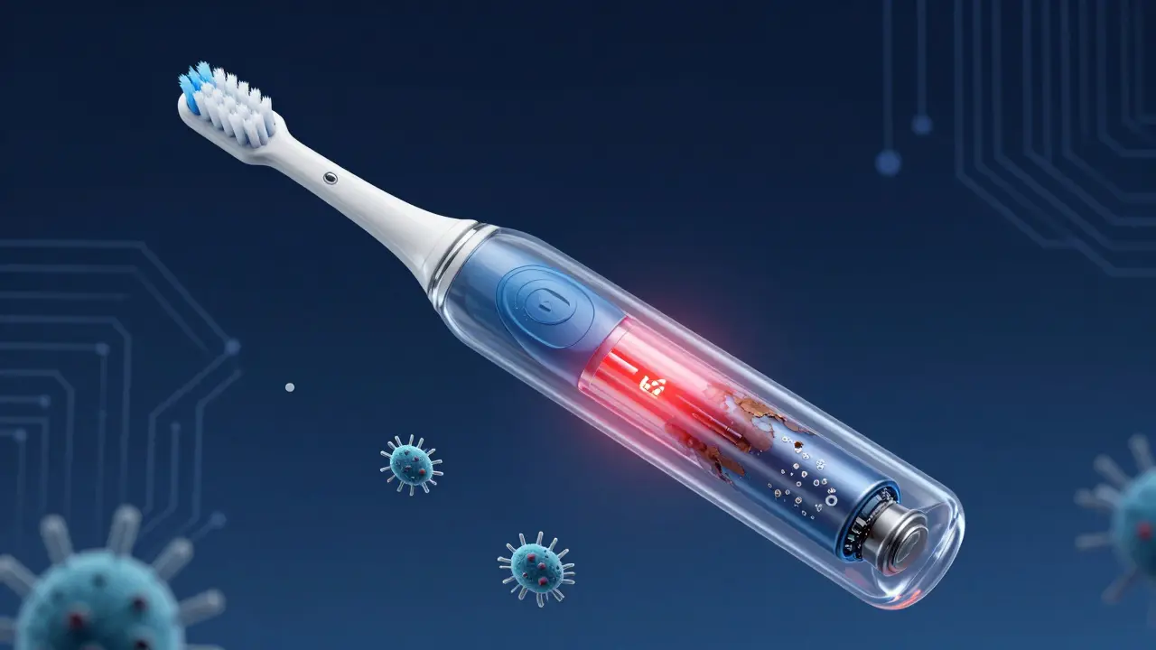 Přehled vnitřních částí sonického kartáčku s opotřebovanou baterií a bakteriemi kolem ní.