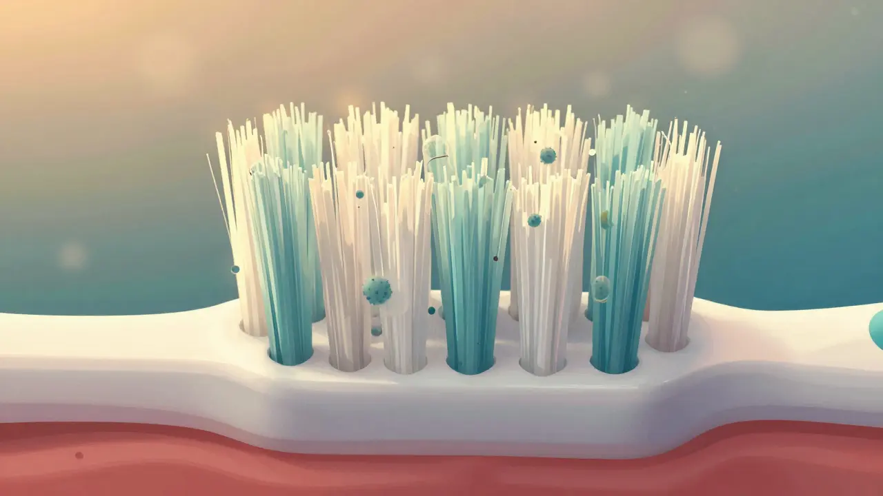 Přiblížený pohled na 5460 štětin Curaprox kartáčku uspořádaných v různých úhlech pro efektivní čištění.