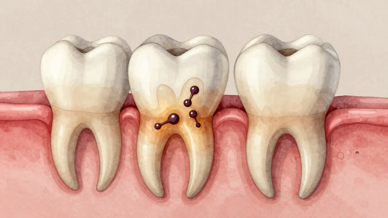Příčný řez zubu s vnořenými molekulami tetracyklinu v zubní sklovině, teplé odstíny žluta a šedi.