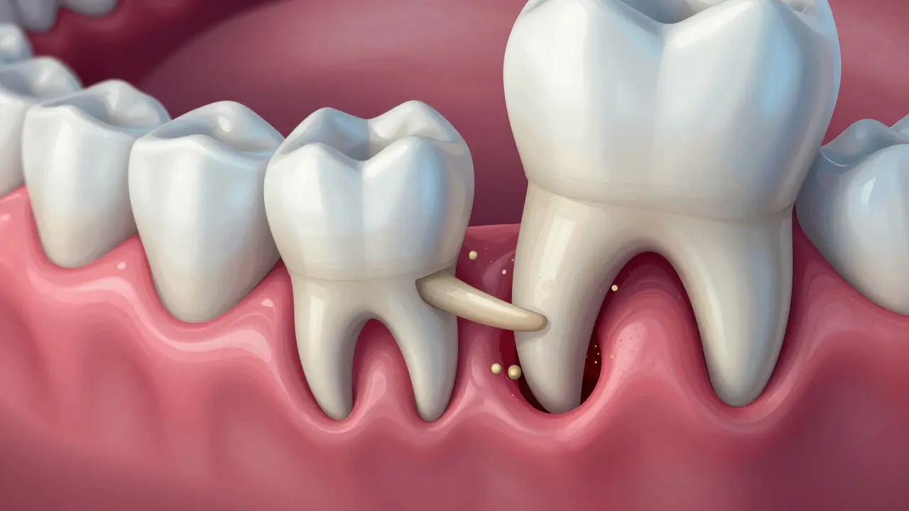 Průřez čelisti ukazující šikmo rostoucí zub moudrosti tlačící na sousední zub a zánět dásně.