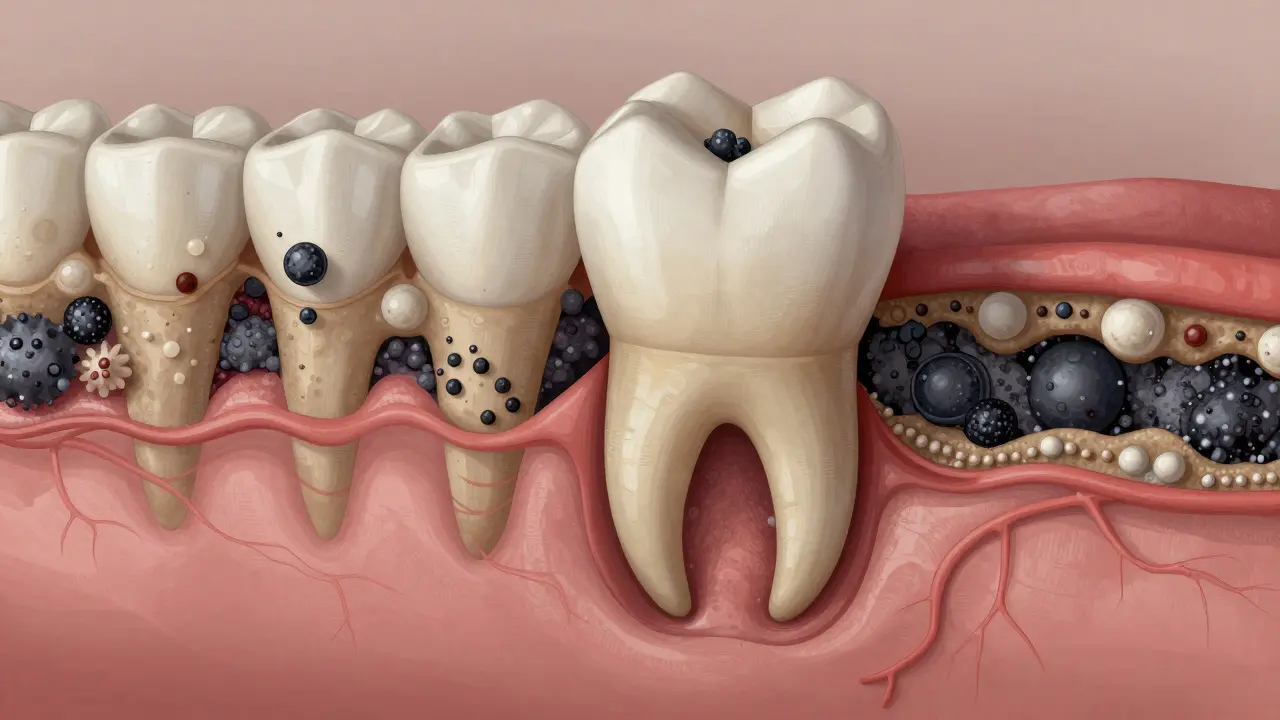 Průřez zubu s černým zubním kamenem a ničením kosti dásně.