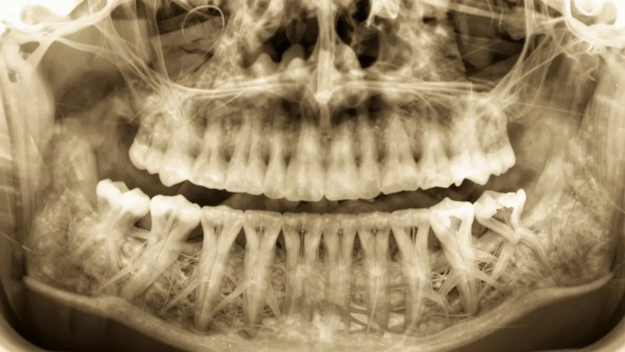 Rentgen zubního snímku s impaktovanými moudrými zuby v čelisti.