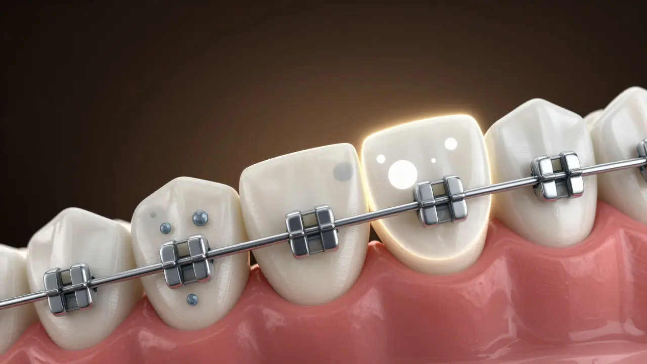 Rovnátka s viditelným plakem a bakteriemi, chráněná fluoridovou štítou proti poškození emalu.