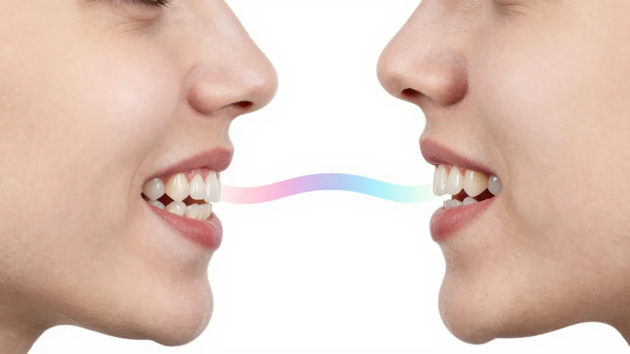 Souběžné porovnání dvou čelistí — jedna s předkusem, druhá po ortodontické léčbě, zobrazeno v profilu s detaily zubů a dásní.