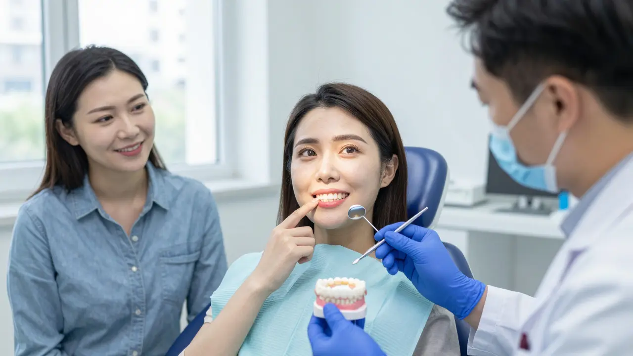 Tři dospělí v zubní klinice, kteří se dívají na keramické vínky, zatímco dentist drží jedno v ruce.