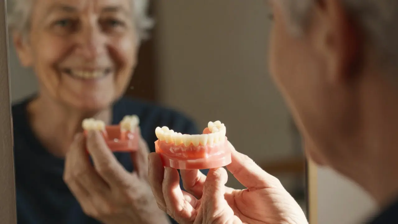 Úplná protéza v ruce pacienta, zrcadlo ukazuje její vzhled v ústech.