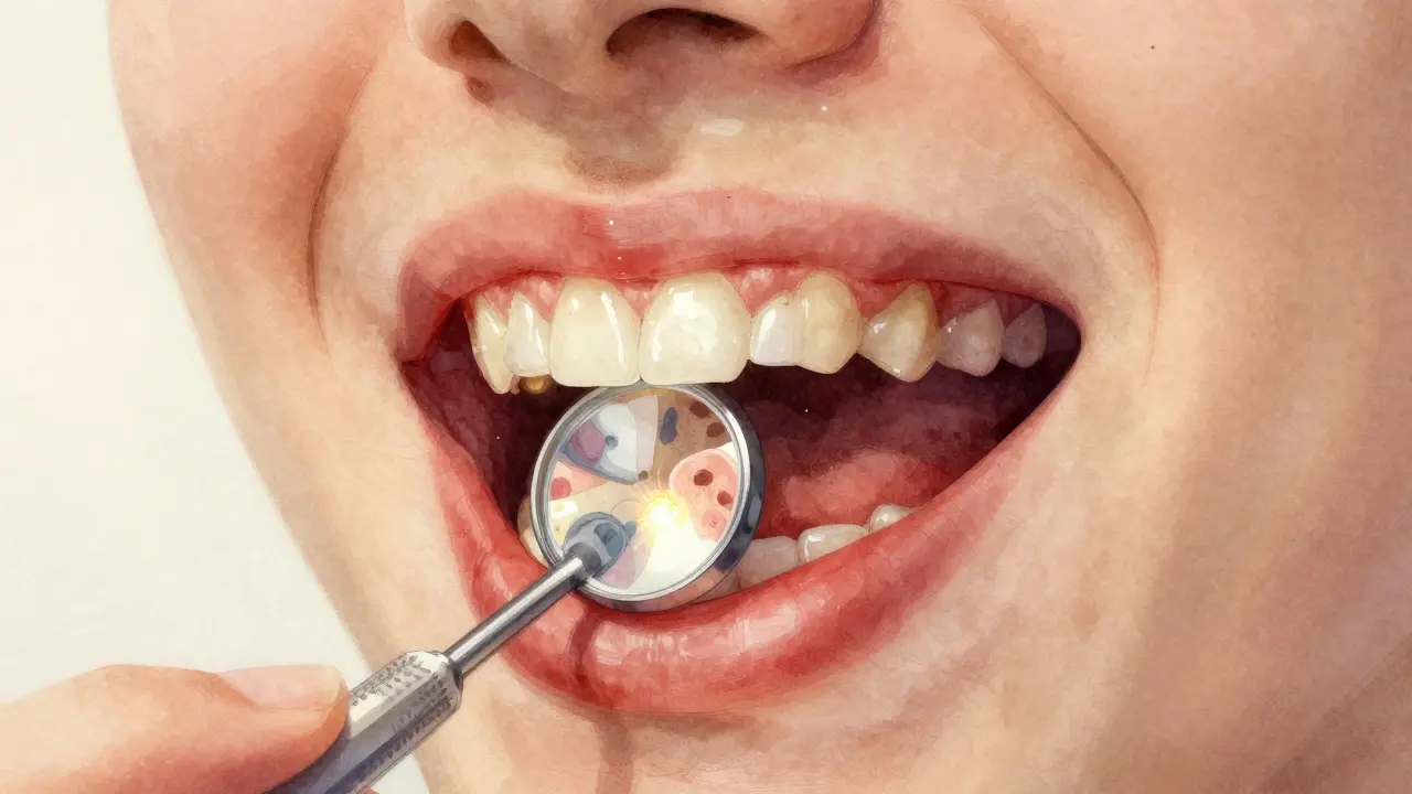 Vnitřní pohled na ústa s ukázkou skrytých zbytků jídla a zánětu dásní pomocí zrcátka.