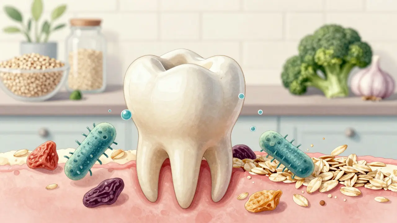 Zub s počínajícím kazem, kde cukry z potravin přeměňují bakterie na kyselinu, zatímco zdravé potraviny pomáhají zpět.