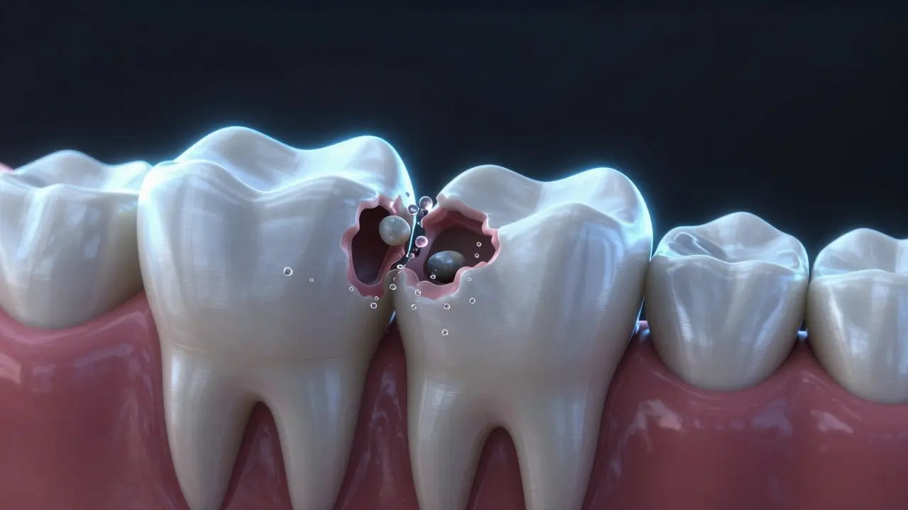 Zub se mění z pevné struktury na hladký kámen kvůli rozpadu mezi zuby.