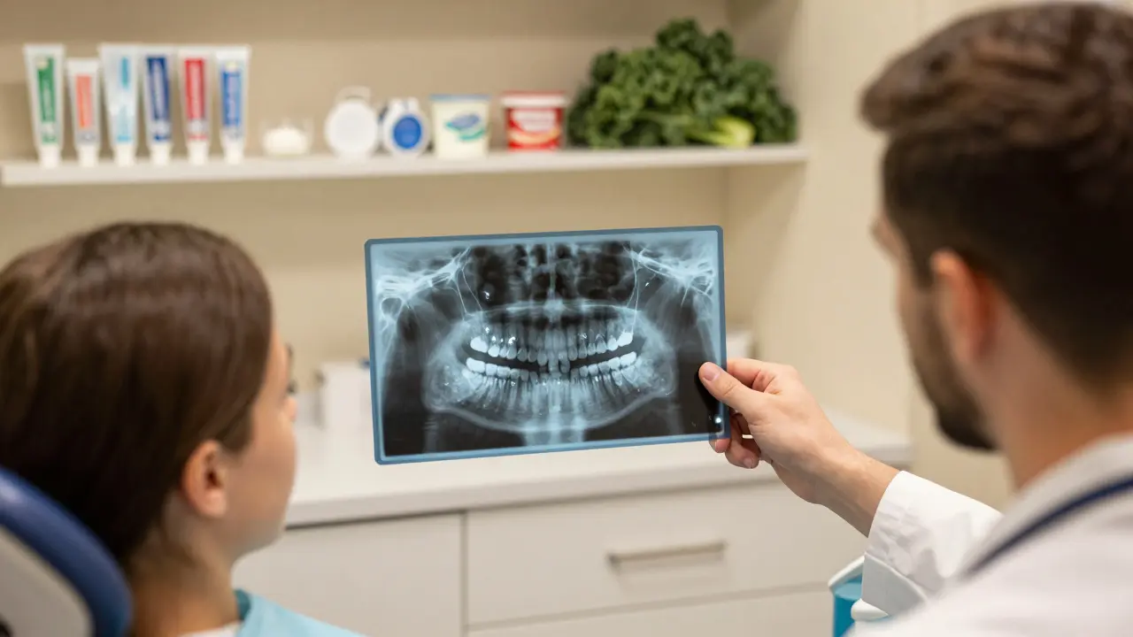 Zubař ukazuje na rentgenový snímek počínajícího kazu u vegetariána v klinice v Olomouci.