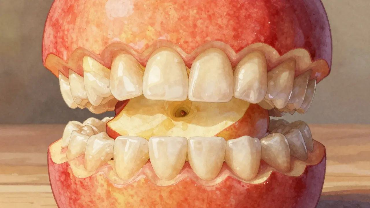 Zubní čelist se snaží žvýkat jablko, ale zuby jsou zaoblené a nezpracovávají jídlo.