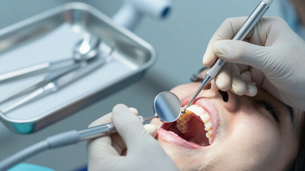 Zubní hygienička odstraňuje zubní kámen