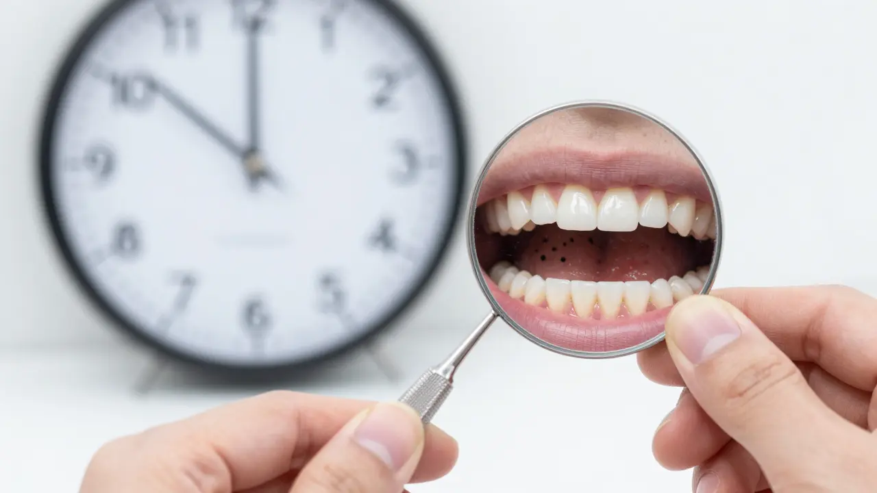 Zubní lékař odstraňuje černý kámen, symbolizující naléhavost léčby před ztrátou zubů.