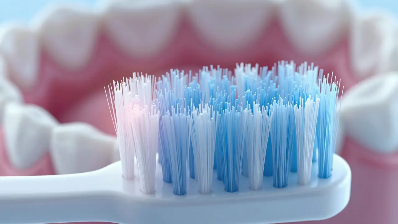 Zvětšený pohled na jemné vlákna štětce sonického kartáčku s přesnou strukturou.