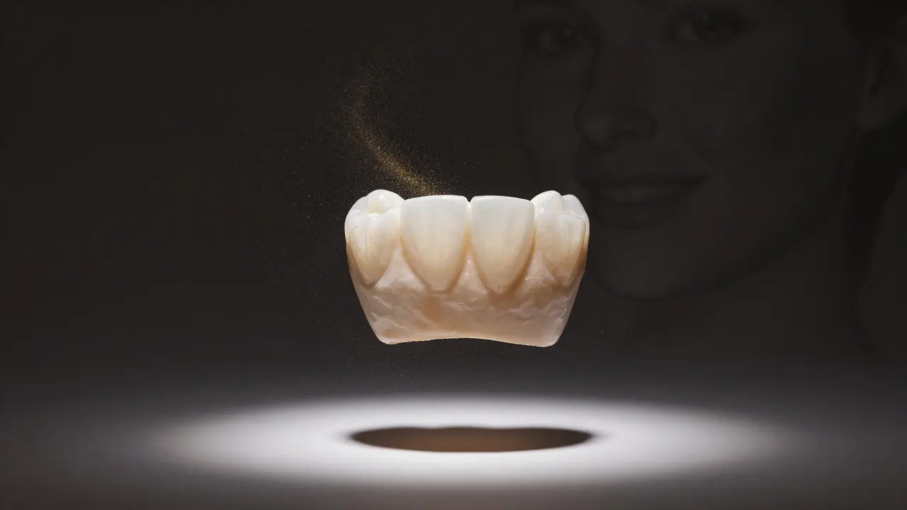 A ceramic veneer floating in light, with a faint smile emerging in the background.