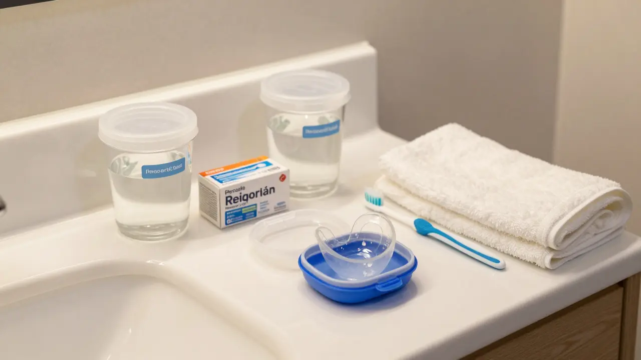 Čistá nádobka s rovnátkem, čisticí tabletky a kartáček na koupelně.