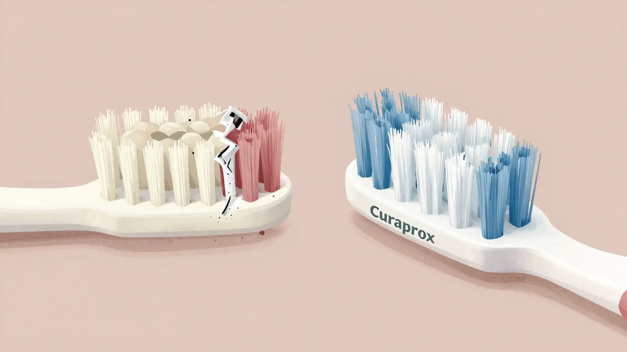 Comparison of damaged tooth from standard brush versus clean tooth from Curaprox brush.