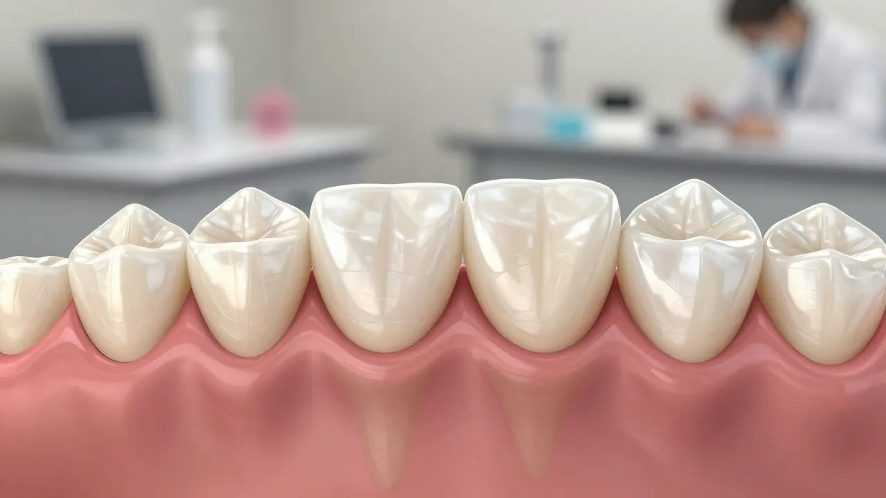 Cross-section of a front tooth with ceramic inlay restoration bonded inside.