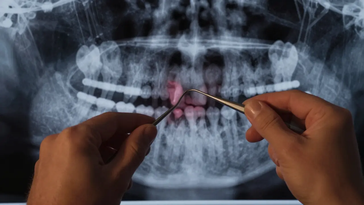 Dental probe měří hloubku parodontální kapsy s rentgenovým snímkem kostní ztráty.