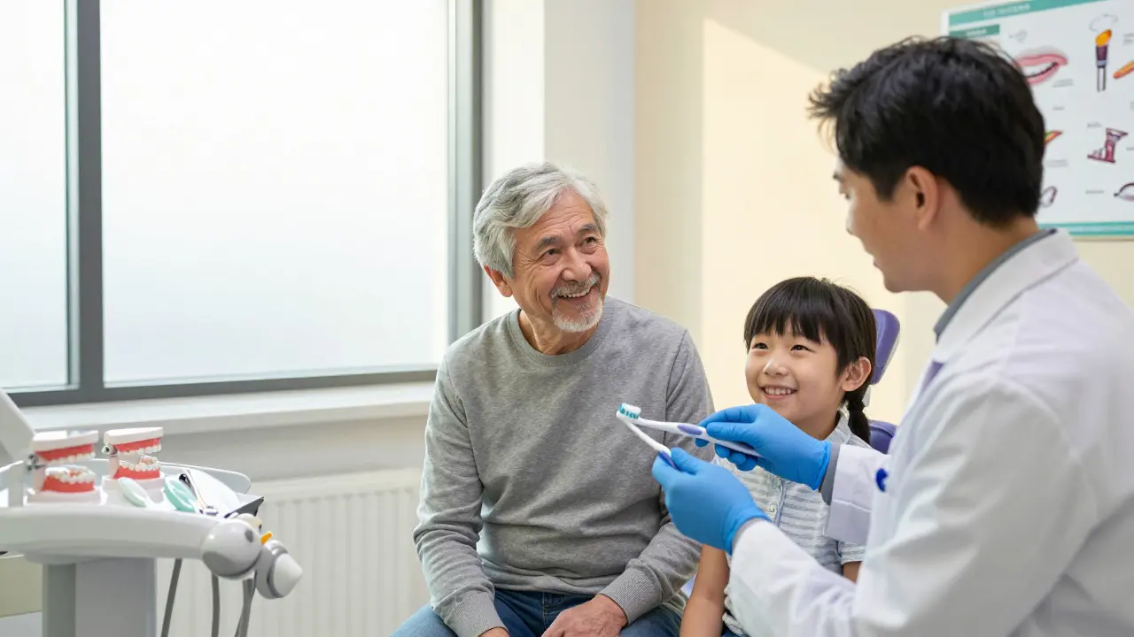 Dentist showing Curaprox toothbrush to a senior and child in a bright Czech dental clinic.