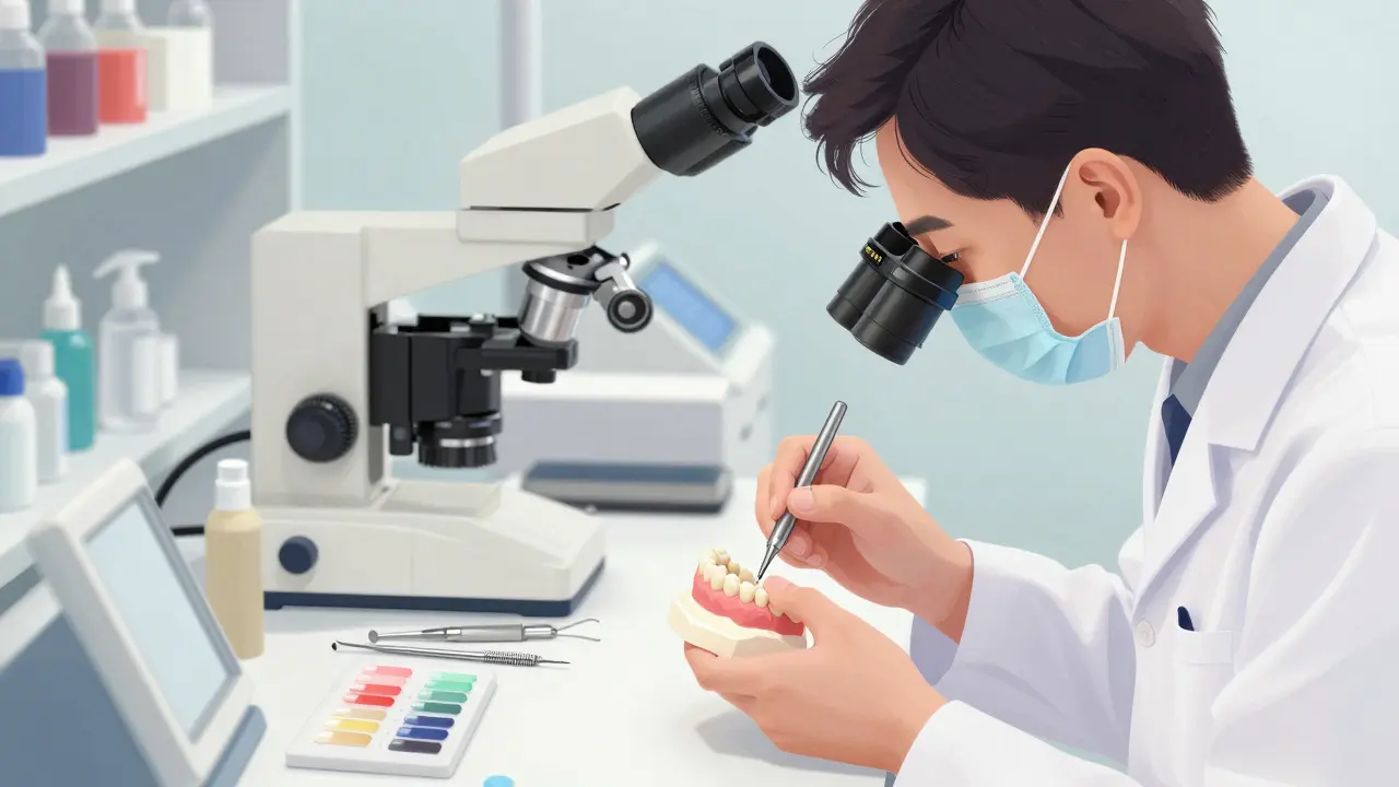 Dentist v laboratoři přesně umisťuje keramickou fazetu na model zubu.