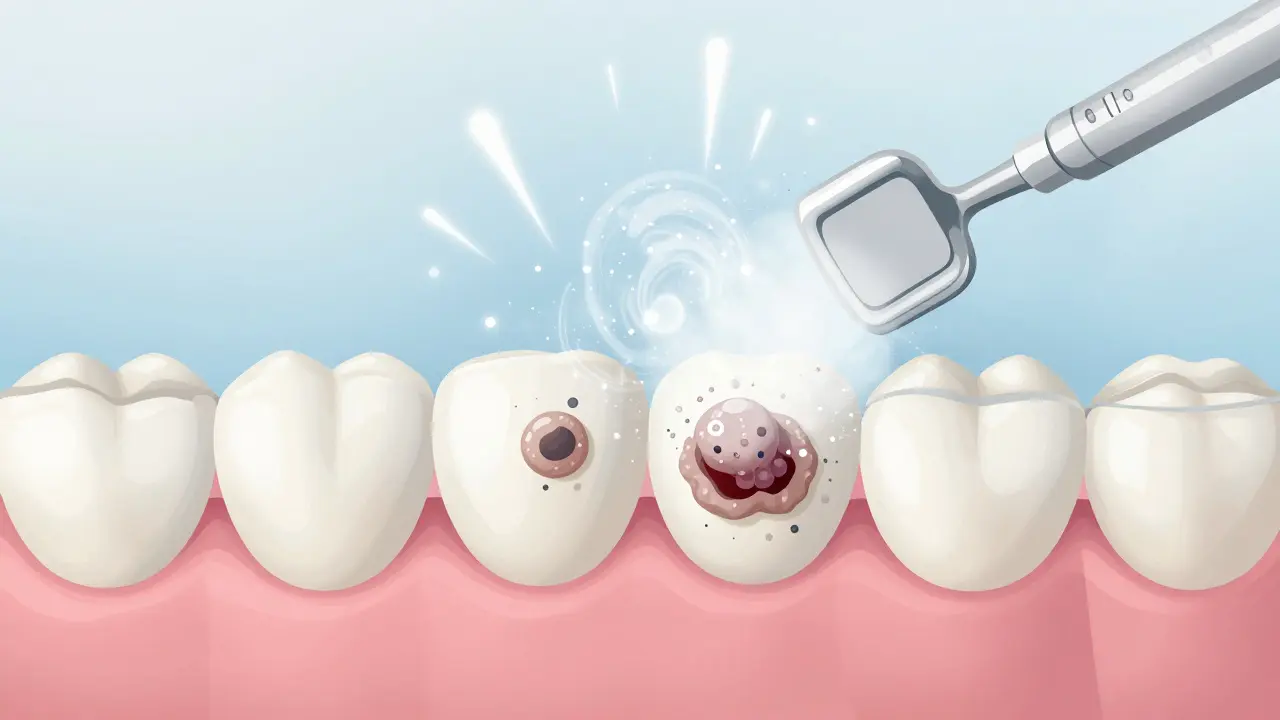 Detail zdravých zubů po profesionálním čištění, kde jemný prach odstraňuje plak a barviva, zuby vypadají hladké a lesklé.