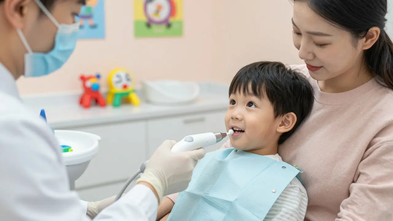 Dětský zubař odstraňuje kámen ultrazvukem, dítě sedí na kolenou rodiče a usmívá se.