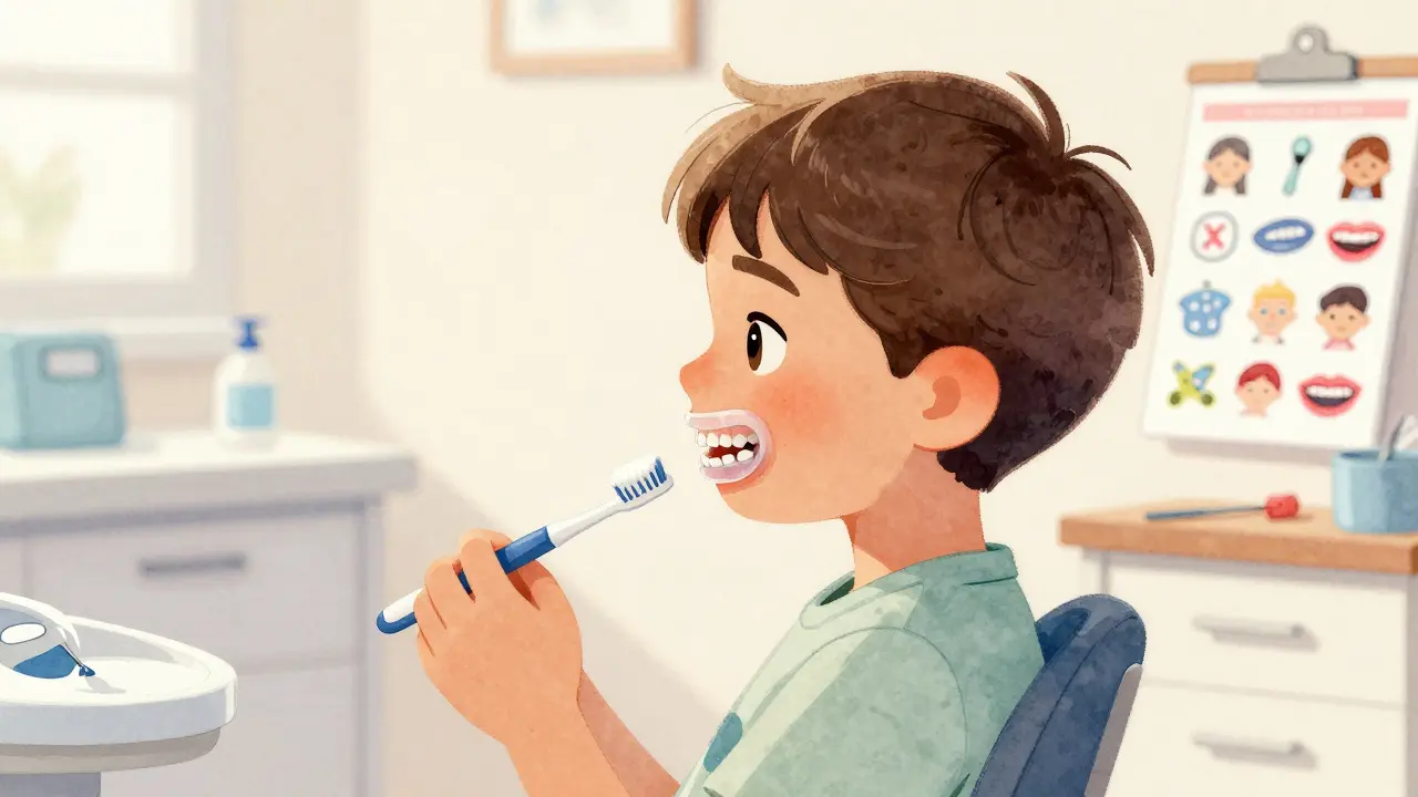 Dítě s rozšiřovacím aparátem během ortodontické kontroly.