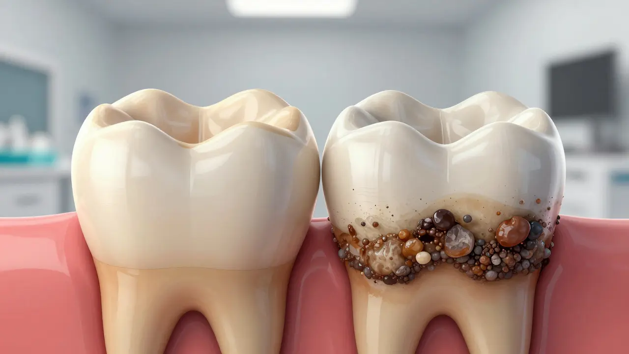 Dva zuby vedle sebe: jeden s povrchovým pigmentem, druhý s tvrdým kamenem u dásní, ilustrující rozdíl mezi barvením a onemocněním.