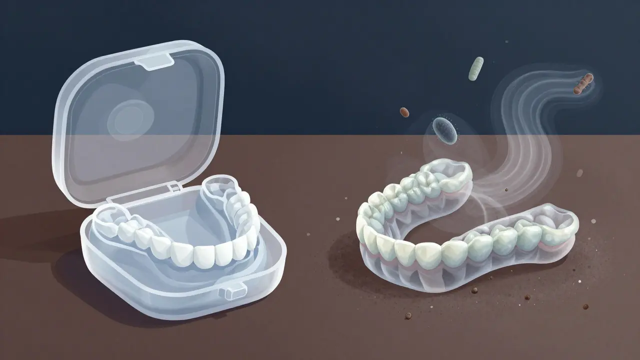 Dvě strany: čisté rovnátko vs. znečištěné s bakteriemi a plísní.