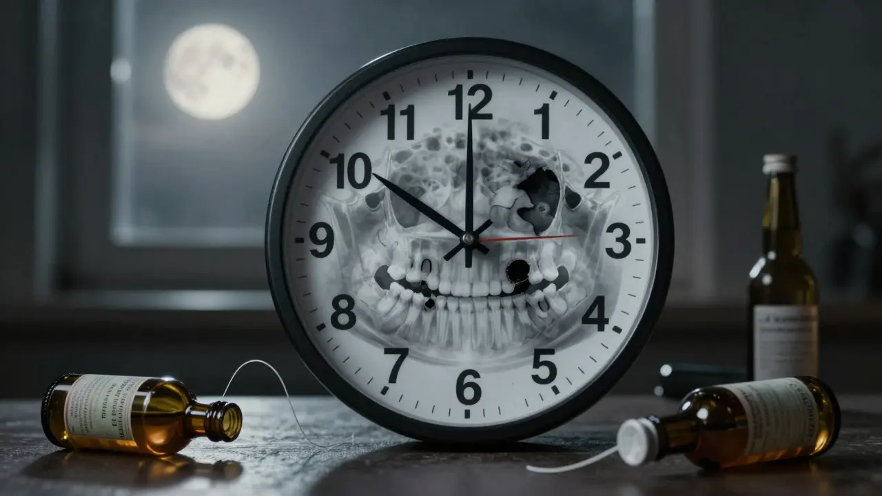 Hodiny vložené do zubu, ukazující noc s alkoholem a skrytým kazem pod rentgenovým obrazem.