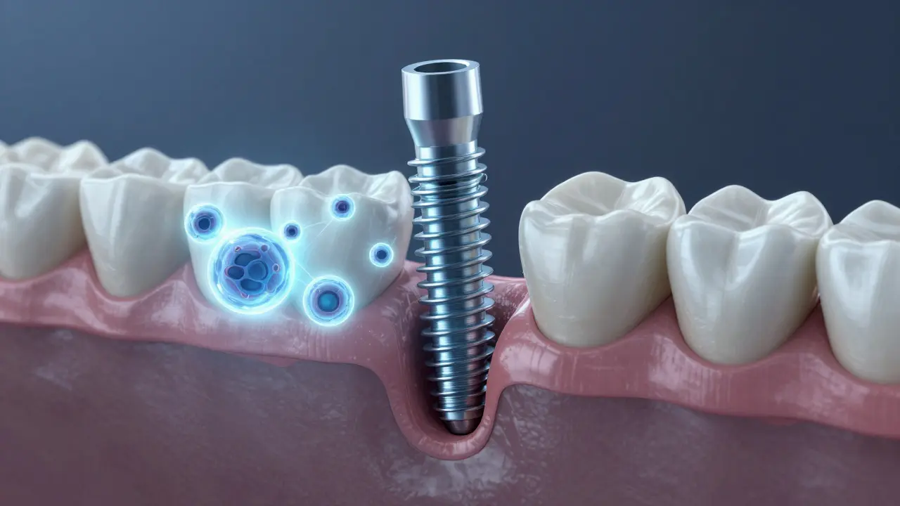 Implantát v kosti čelisti, který se postupně integruje s kostní tkání.