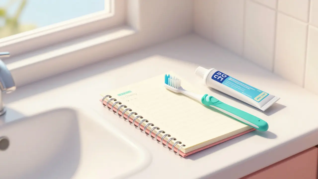 Kartáč na zuby leží vedle plánovače na umyvadle ráno.