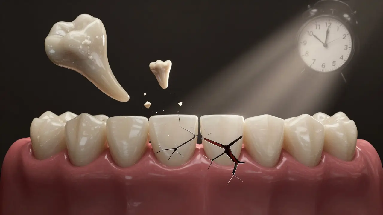 Konceptuální obraz poškozené zubní čelisti s rozpadajícími se zuby a symbolickým časem 17–25 let.