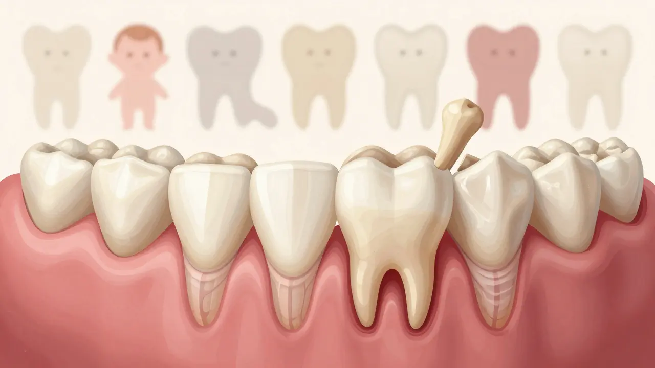 Křížový řez čelisti s trvalým zubem, který se pomalu vynořuje skrz dásně.