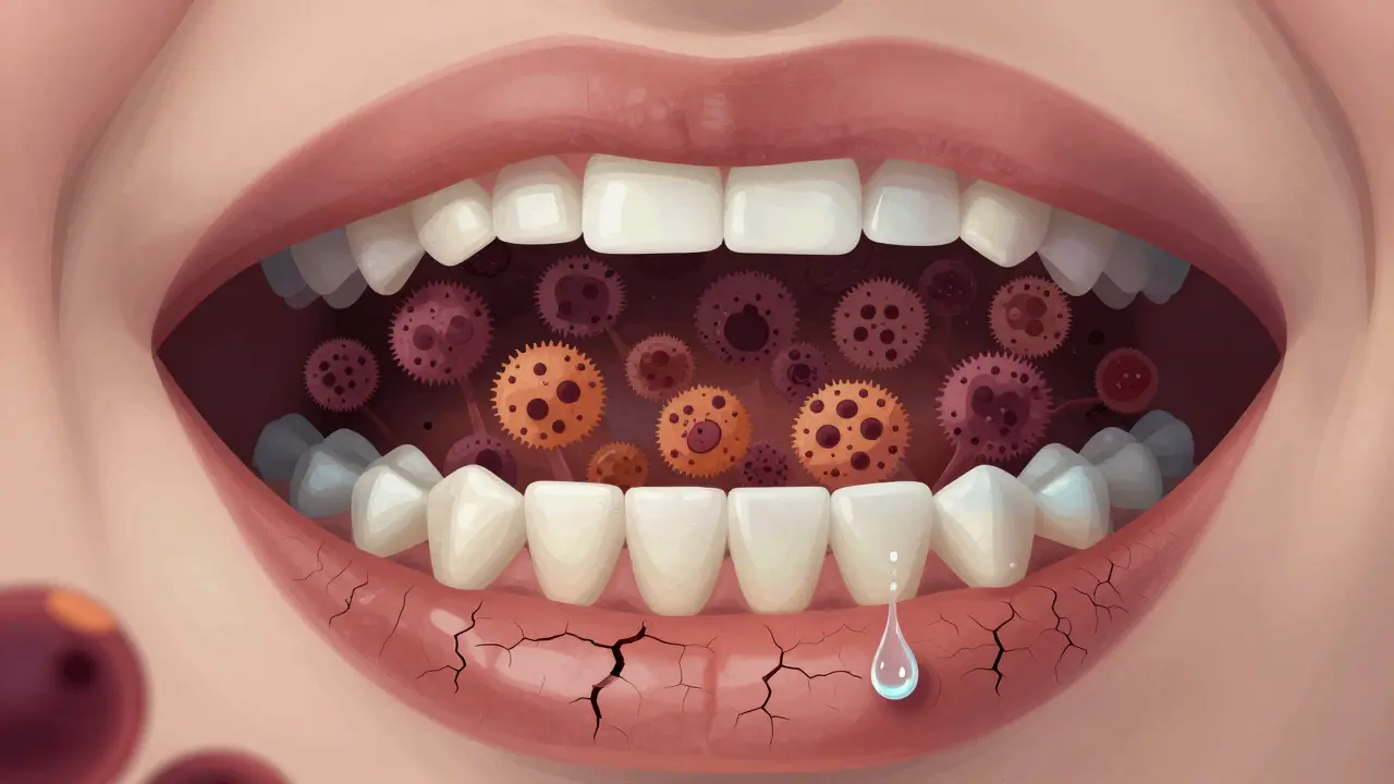 Mikroskopický pohled na bakterie mezi zuby, suché slinné žlázy a kapek vody jako ochranného prvku.