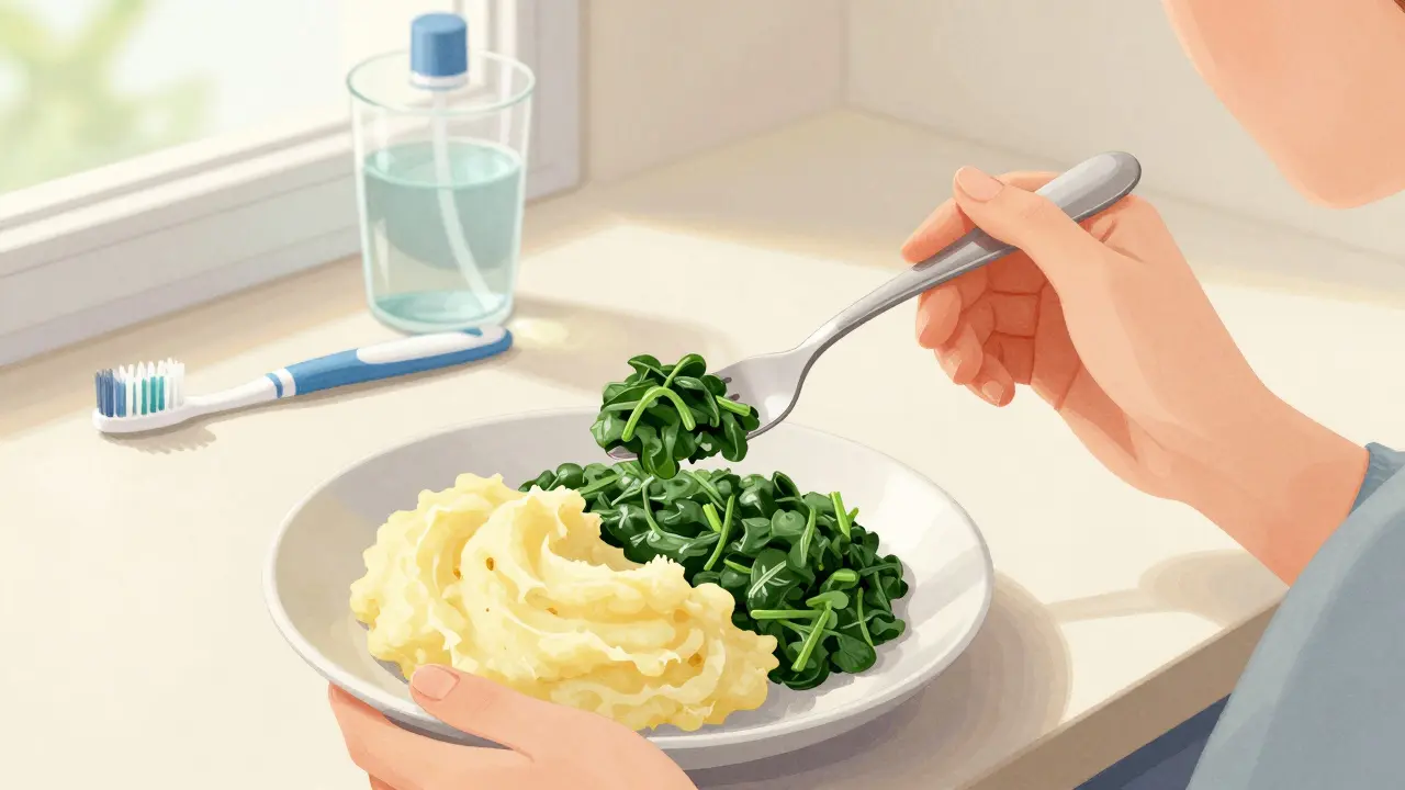 Osoba konzumuje měkké vařené brambory a zeleninové puree po implantaci.