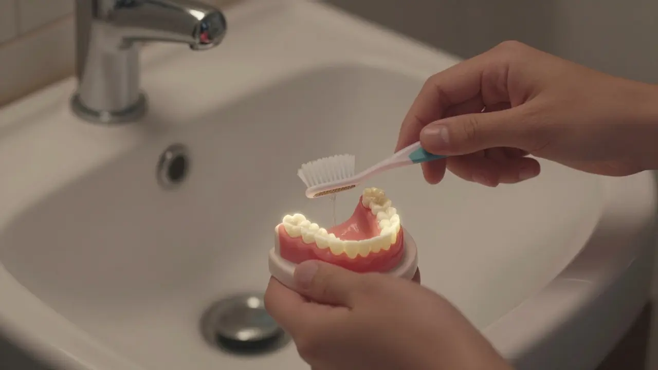 Patient carefully cleaning a denture over a sink with water, using a soft brush.