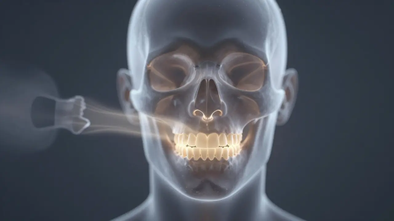 Průhledná lebka s osvětlenými zarovnanými zuby, zatímco křivé zuby mizí v pozadí.
