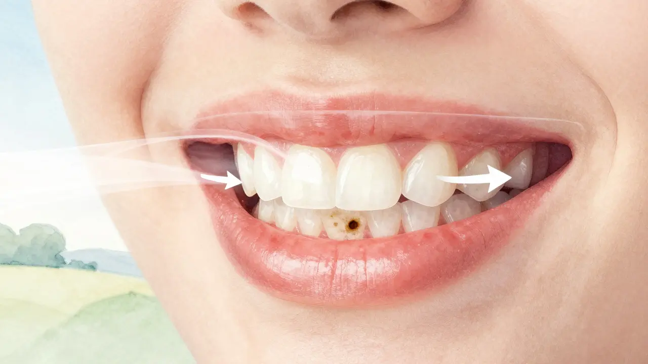 Průhledný pohled na ústní dutinu, kde se odstranění plaku a zubního kamene zobrazuje jako proužky prachu a vzduchu.