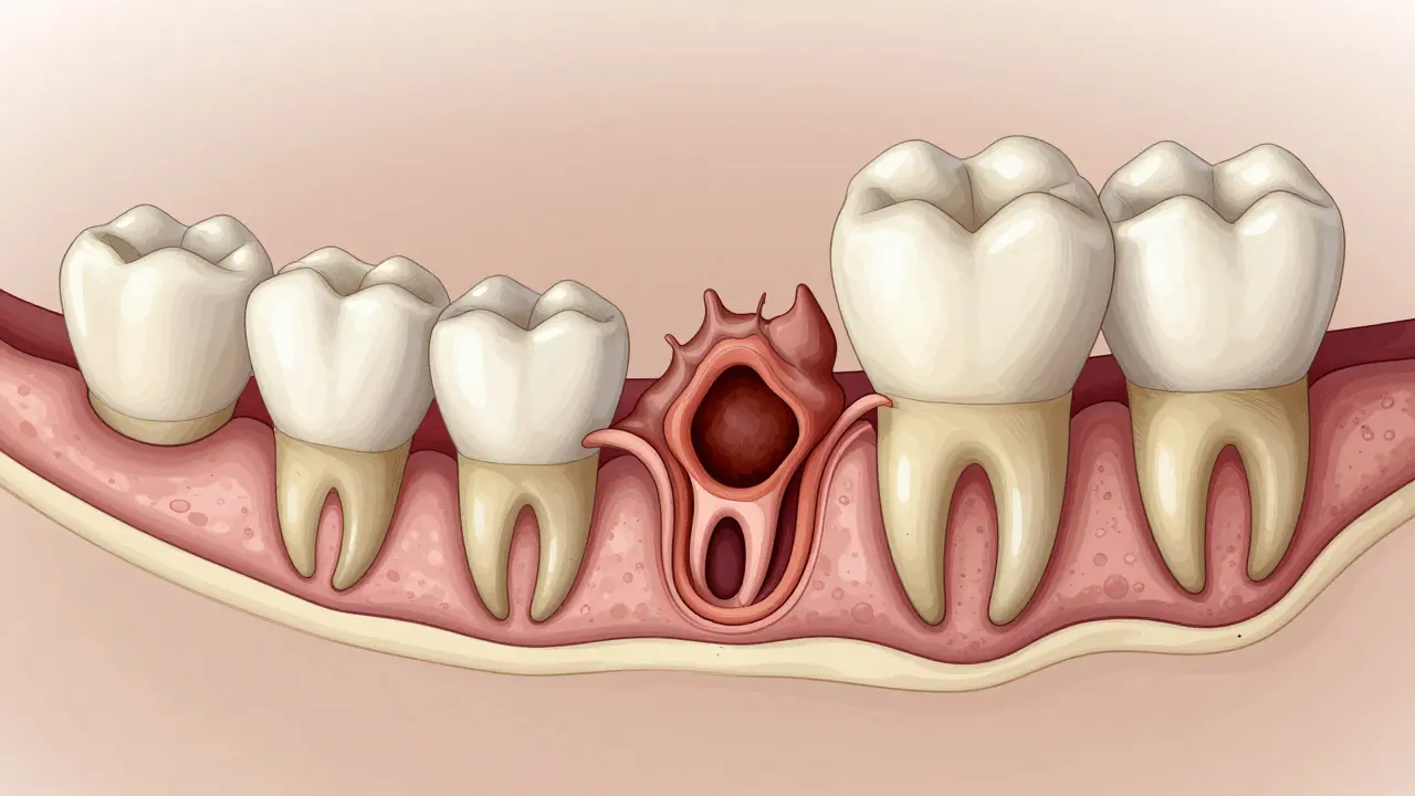 Průřez čelistí ukazující hojení po vytržení zubu: krevní sraženina a nová tkáň růst.