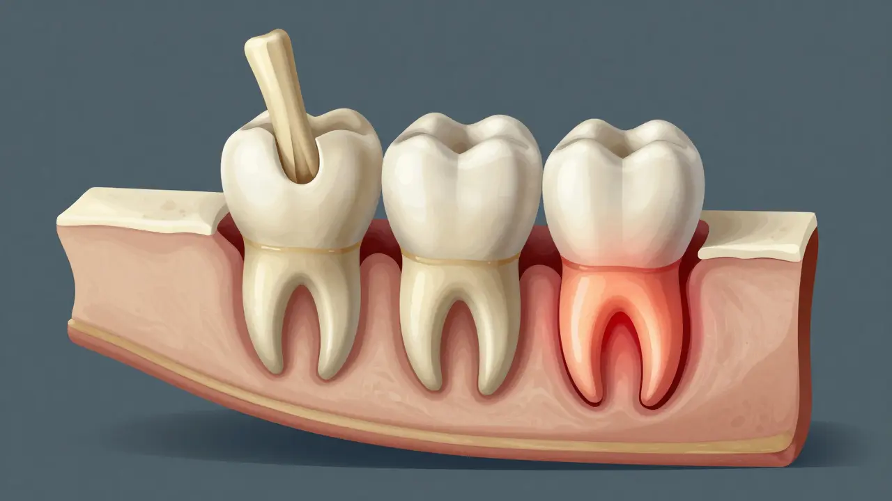 Průřez lidskou čelistí s třemi různě rostoucími třetími moláry a zánětlivými oblastmi kolem kořenů.