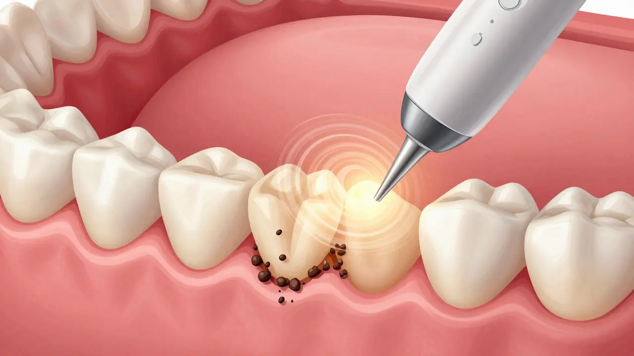 Řez lidskými dásněmi a zuby, kde ultrazvukové vlny odstraňují zubní kámen pod dásní.