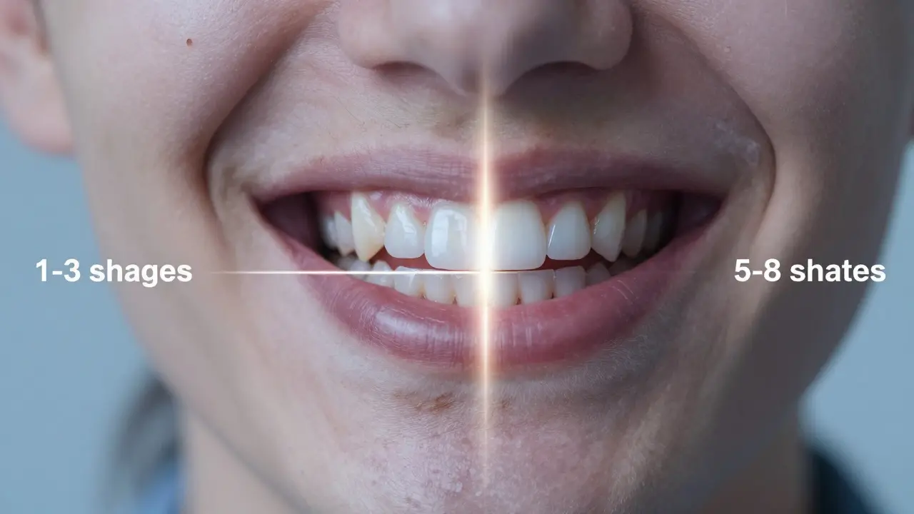 Rozdělený úsměv: jedna polovina bělící se, druhá zůstává tmavá kvůli plombám, s vyznačenými odstíny změny.