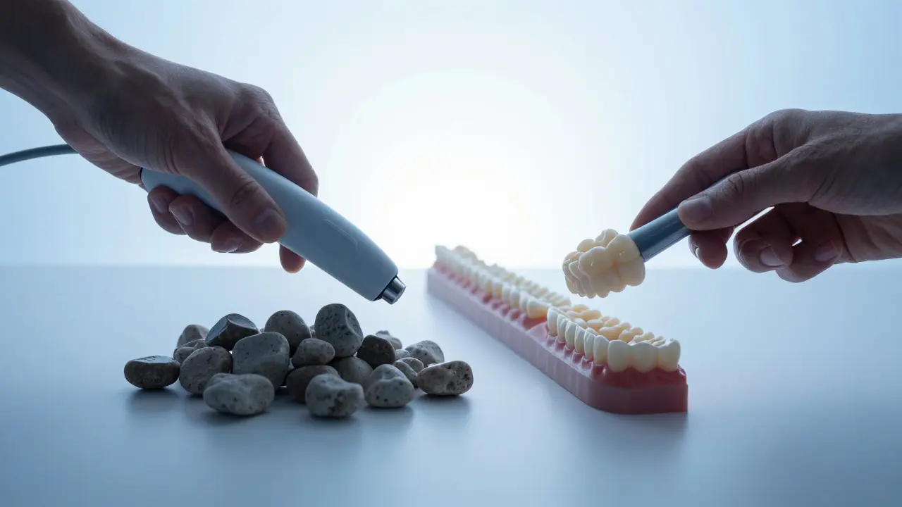 Ruka drží ultrazvukový čistič vedle kamenů, cesta k čistým zubům vede do světlého horizontu.