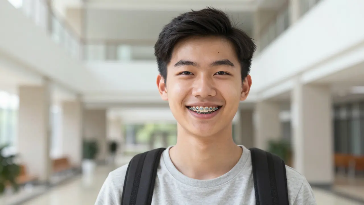 Sebevědomý student s rovnátky se usmívá před školou.