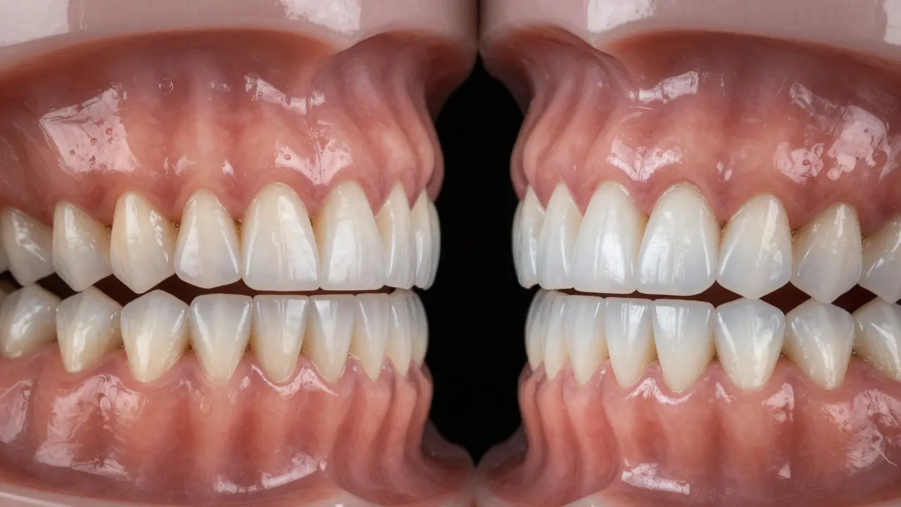 Side-by-side comparison of natural teeth and teeth with ceramic veneers.