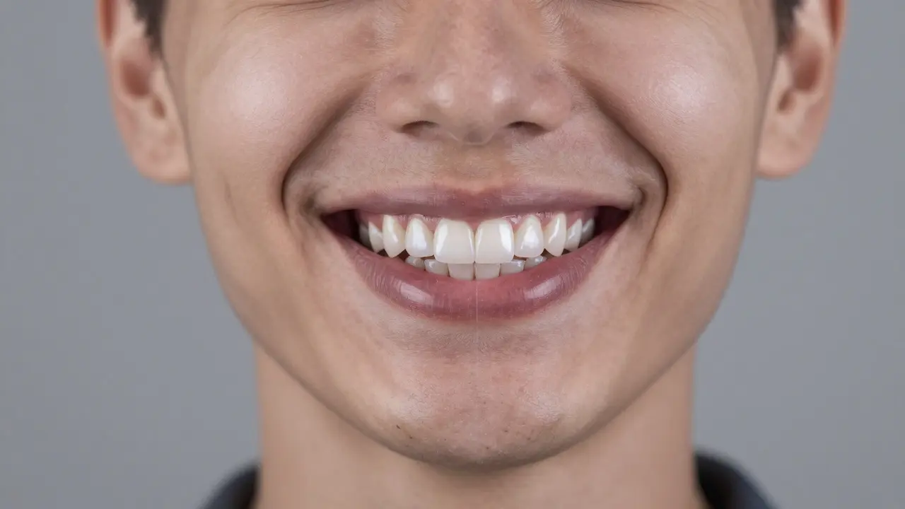 Smiling patient with porcelain veneers on front teeth, showing natural appearance.