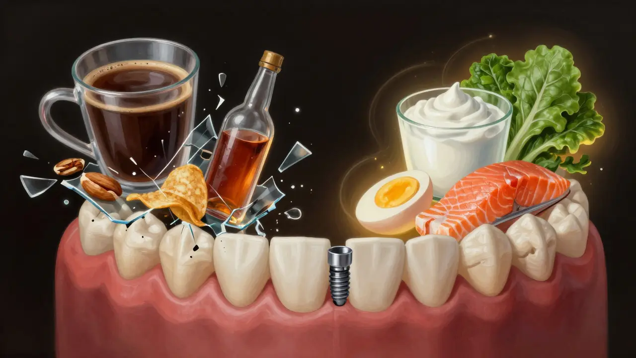 Srovnání zakázaných a doporučených potravin po vložení zubního implantátu.